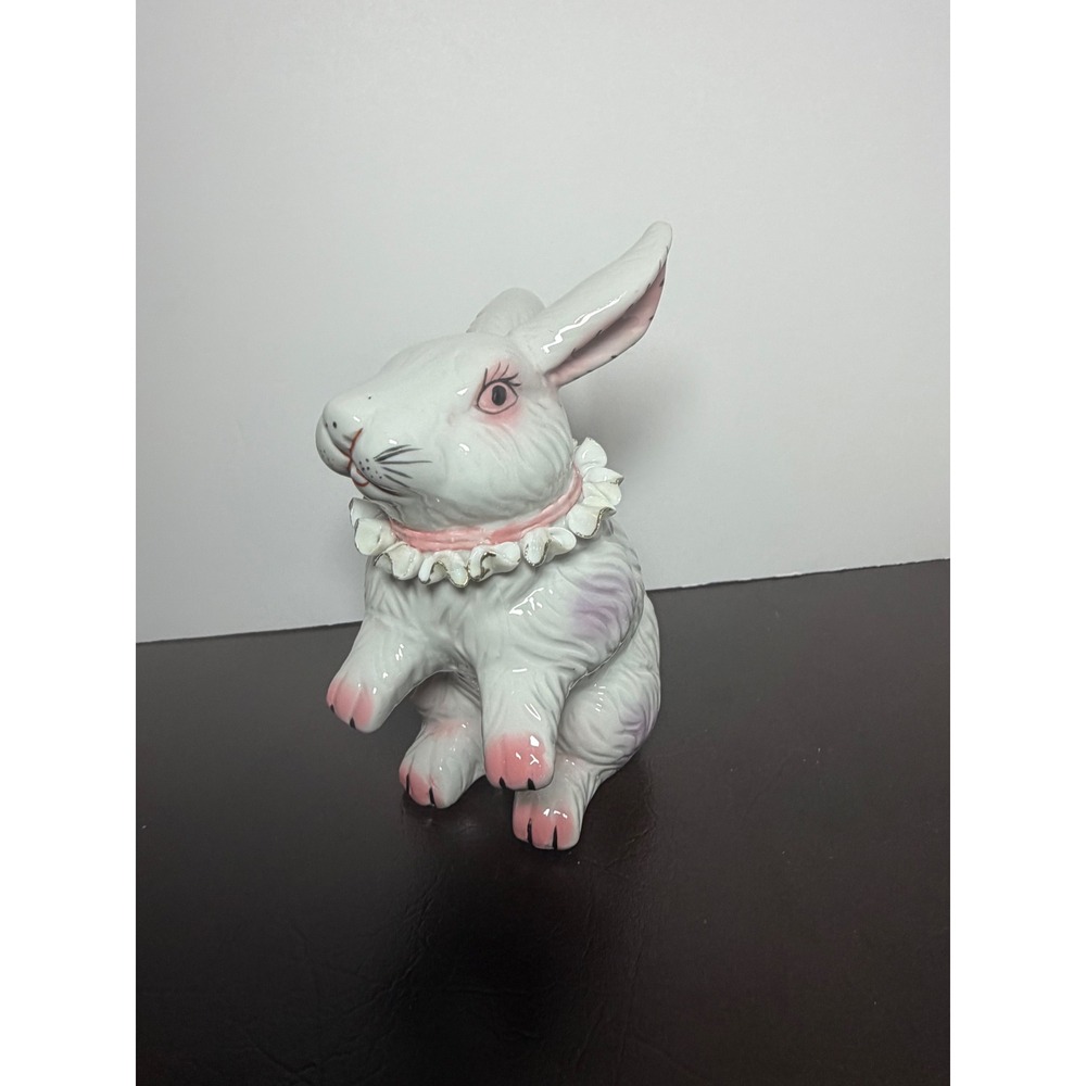 Vintage Ceramic Standing Bunny Figurine White Pink Ruffled Collar Easter Decor